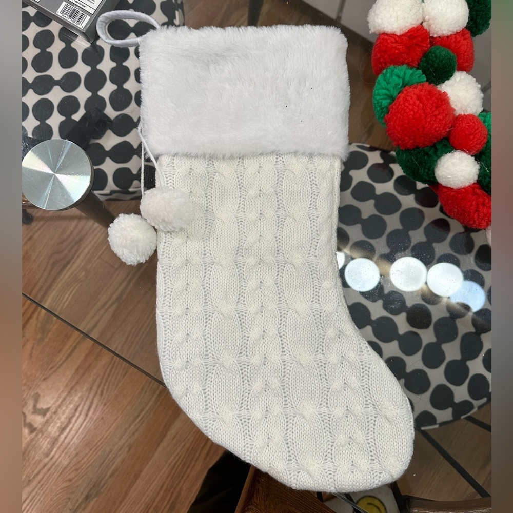 Cable Knit White Stocking with Pompoms